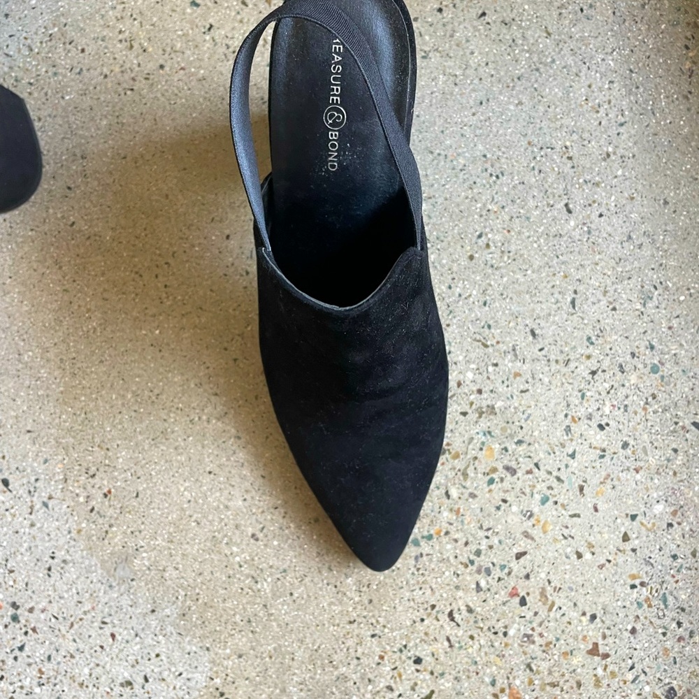 Bold black suede high heel mules with elastic band. Worn 2-3 times, super comfy